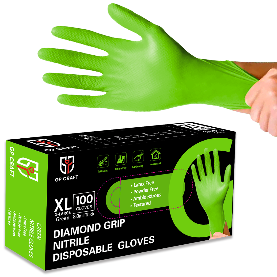 GP67 Nitrile Gloves Green Diamond Grip Raised Texture Disposable 8 mil Industrial Strength(1000pack)