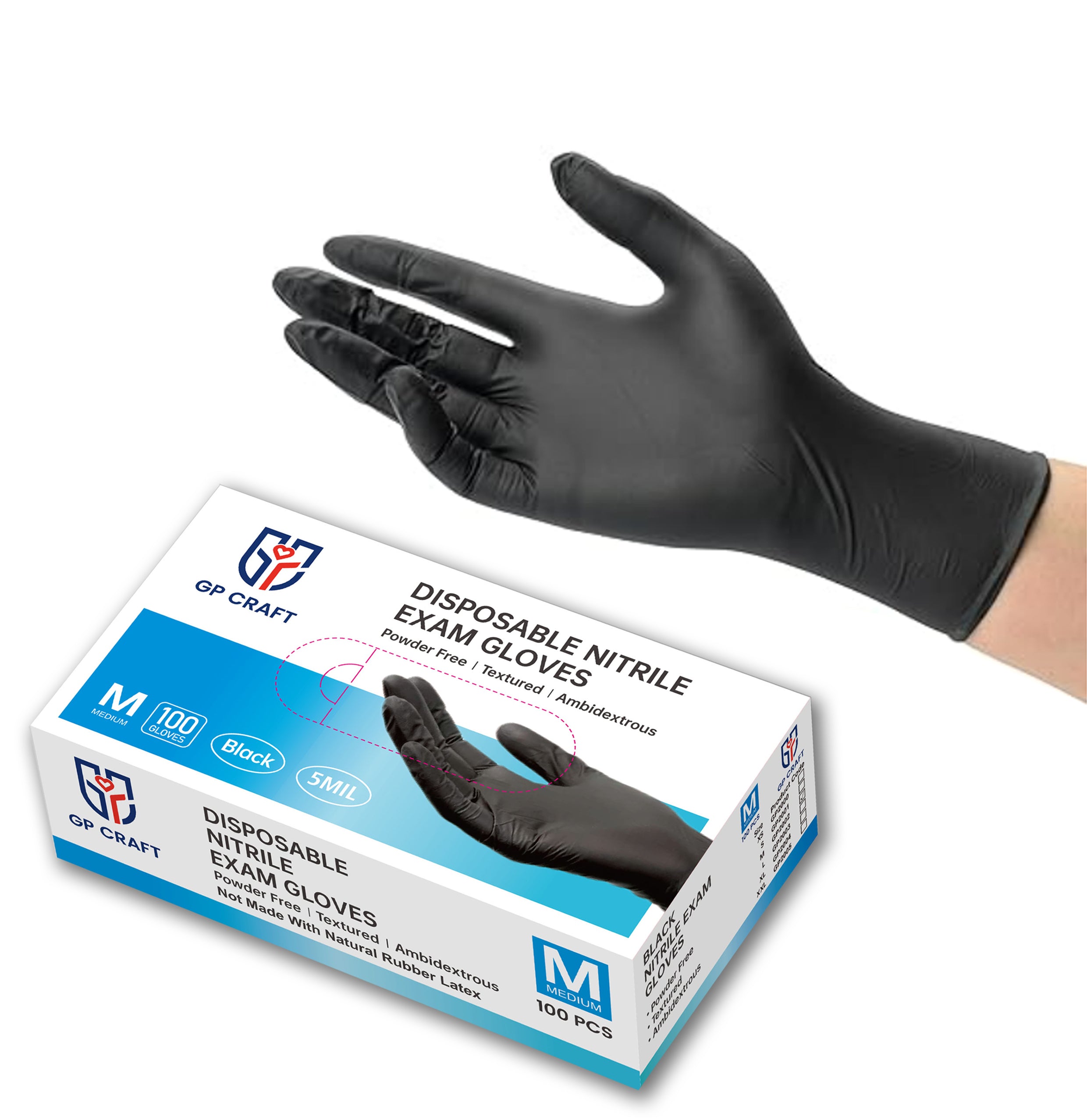 GP50-5mil Disposable Black Nitrile Gloves (1 Case, 1000 Gloves)
