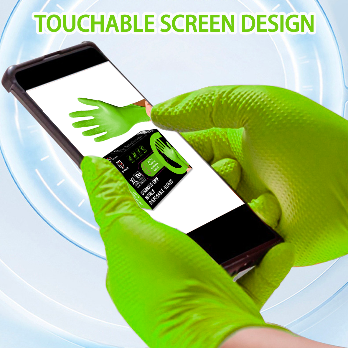GP67 Nitrile Gloves Green Diamond Grip Raised Texture Disposable 8 mil Industrial Strength(1000pack)