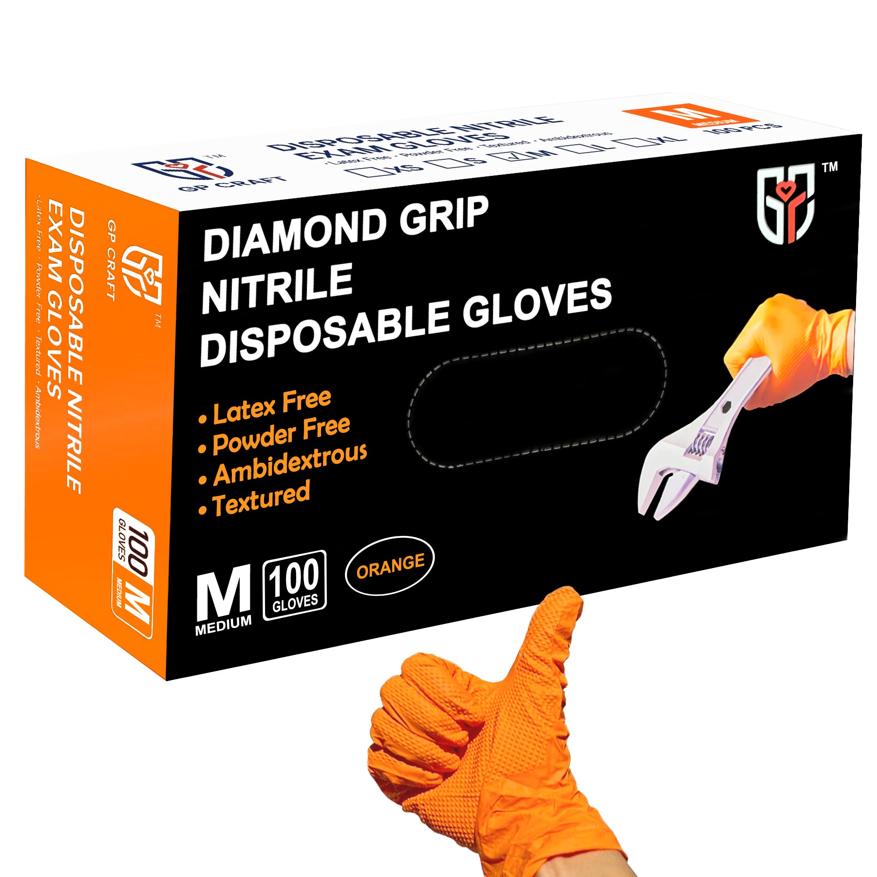 GP CRAFT Orange Nitrile Diamond Grip Disposable Gloves 8mil Case (1,000  Count, 10 Packs)