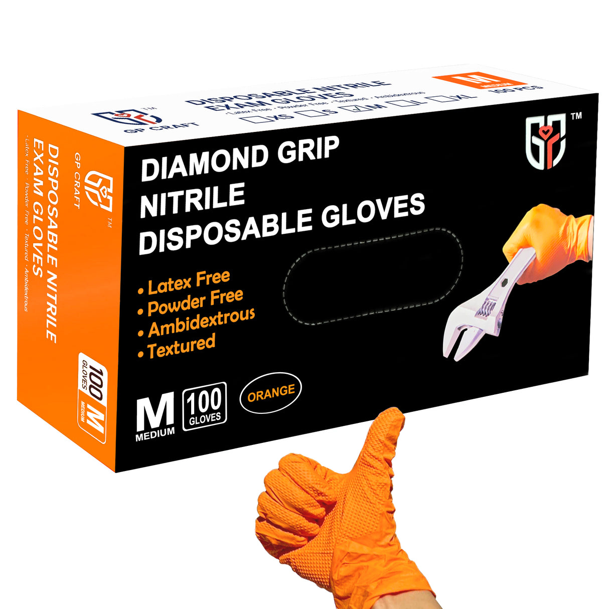 GP CRAFT Orange Nitrile Diamond Grip Disposable Gloves 8mil Case (1,000 Count, 10 Packs) - GP Craft Inc